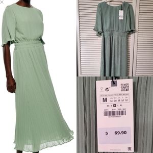 Zara sage pleated midi dress